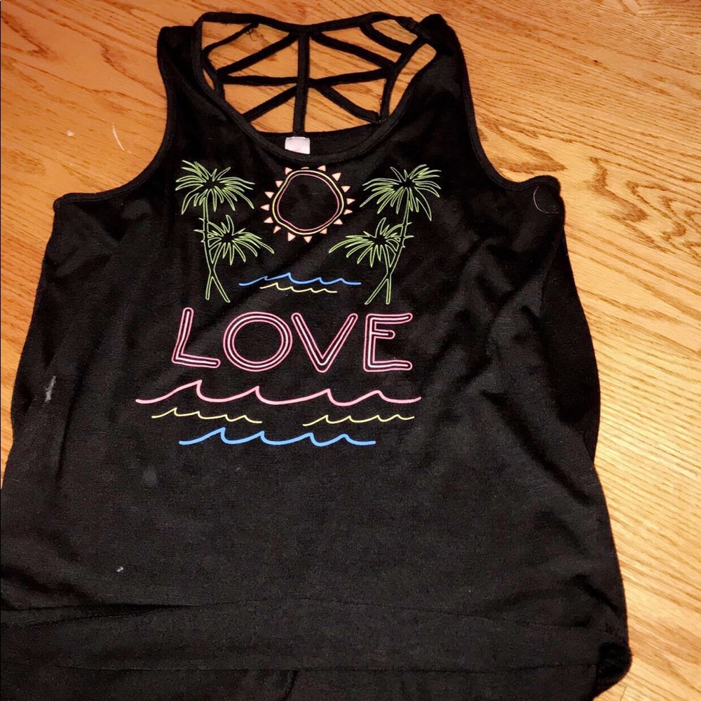 A black tank top with wording.